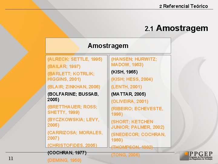 2 Referencial Teórico 2. 1 Amostragem (ALRECK; SETTLE, 1995) (BAILAR; 1997) 11 (HANSEN; HURWITZ;