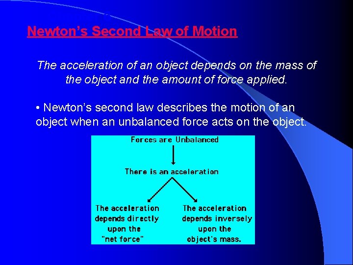 Chapter 6 Newton’s Second Law of Motion The acceleration of an object depends on