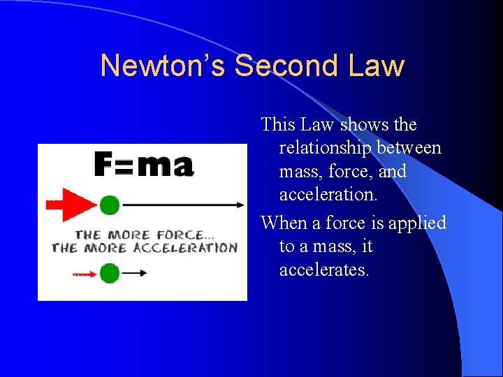 Newton’s Second Law This Law shows the relationship between mass, force, and acceleration. When