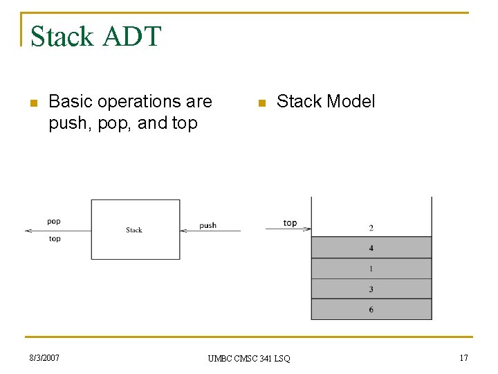 Stack ADT n Basic operations are push, pop, and top 8/3/2007 n Stack Model