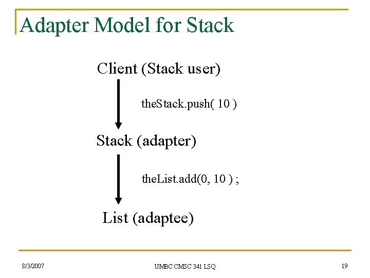 Adapter Model for Stack Client (Stack user) the. Stack. push( 10 ) Stack (adapter)