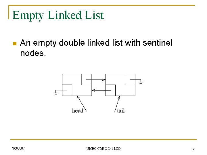 Empty Linked List n An empty double linked list with sentinel nodes. 8/3/2007 UMBC