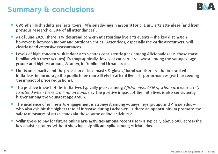 Summary & conclusions § 69% of all Irish adults are ‘arts goers’. Aficionados again