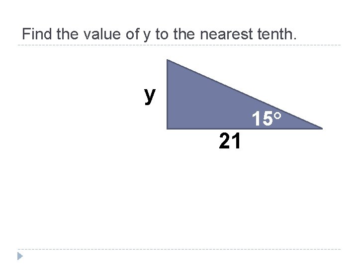 Find the value of y to the nearest tenth. y 21 15° 