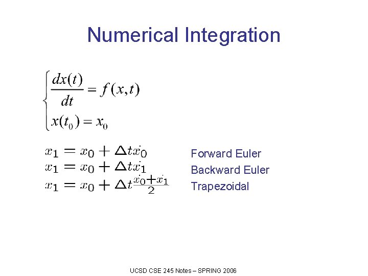 Numerical Integration Forward Euler Backward Euler Trapezoidal UCSD CSE 245 Notes – SPRING 2006