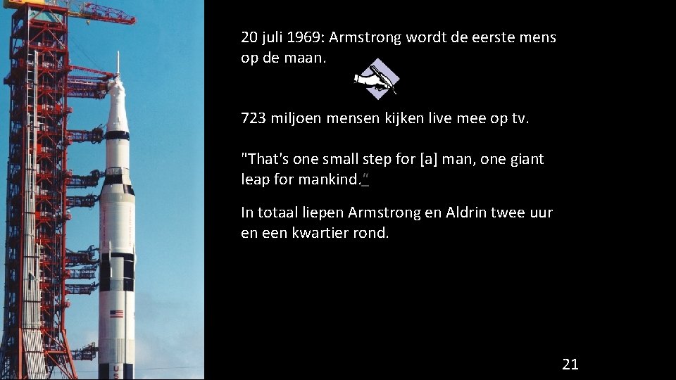 20 juli 1969: Armstrong wordt de eerste mens op de maan. 723 miljoen mensen