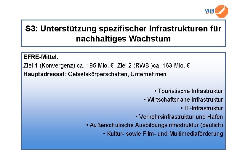 S 3: Unterstützung spezifischer Infrastrukturen für nachhaltiges Wachstum EFRE-Mittel: Ziel 1 (Konvergenz) ca. 195