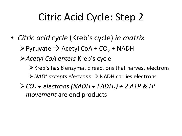 Citric Acid Cycle: Step 2 • Citric acid cycle (Kreb’s cycle) in matrix ØPyruvate