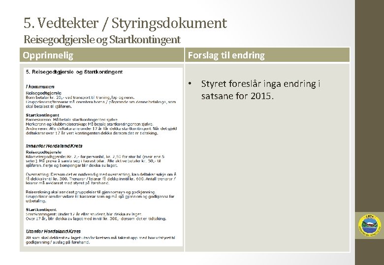 5. Vedtekter / Styringsdokument Reisegodgjersle og Startkontingent Opprinnelig Forslag til endring • Styret foreslår