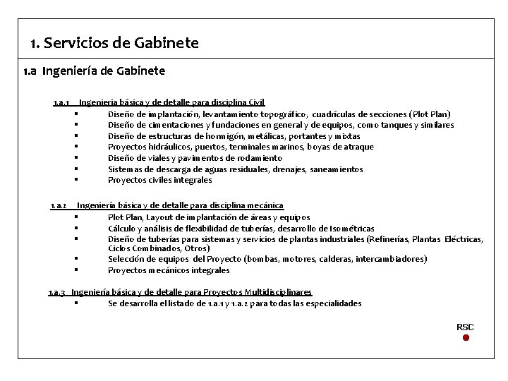 1. Servicios de Gabinete 1. a Ingeniería de Gabinete 1. a. 1 1. a.