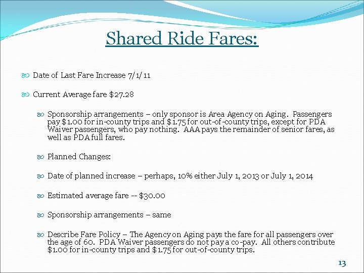 Shared Ride Fares: Date of Last Fare Increase 7/1/11 Current Average fare $27. 28