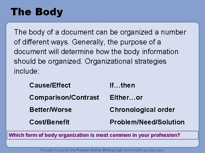 The Body The body of a document can be organized a number of different