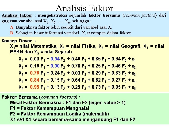 Analisis Faktor Analisis faktor : mengekstraksi sejumlah faktor bersama (common factors) dari gugusan variabel