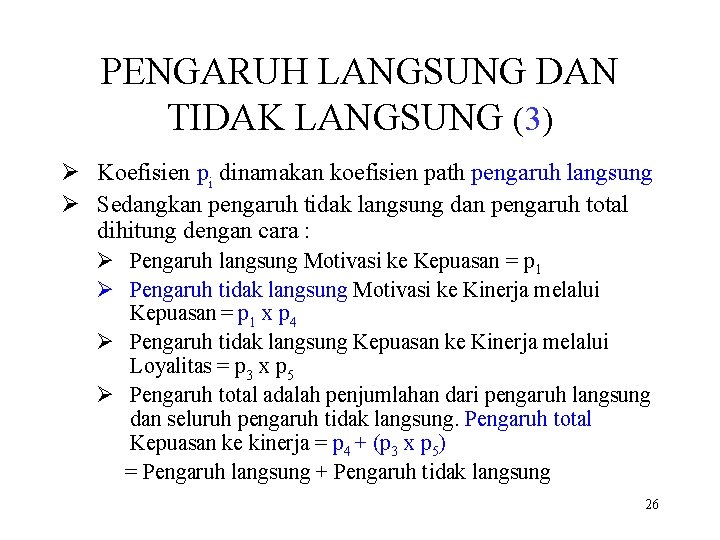 PENGARUH LANGSUNG DAN TIDAK LANGSUNG (3) Koefisien pi dinamakan koefisien path pengaruh langsung Sedangkan