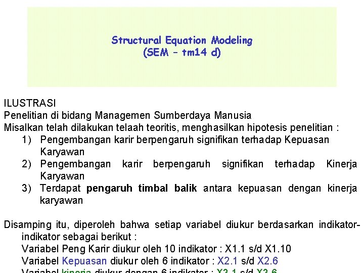 Structural Equation Modeling (SEM – tm 14 d) ILUSTRASI Penelitian di bidang Managemen Sumberdaya