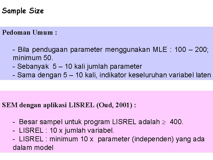 Sample Size Pedoman Umum : - Bila pendugaan parameter menggunakan MLE : 100 –