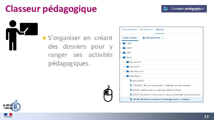 Classeur pédagogique ● S’organiser en créant des dossiers pour y ranger ses activités pédagogiques.