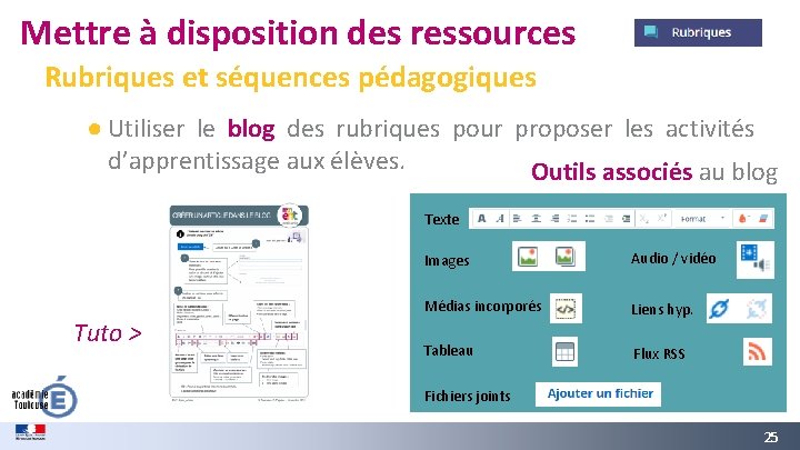 Mettre à disposition des ressources Rubriques et séquences pédagogiques ● Utiliser le blog des