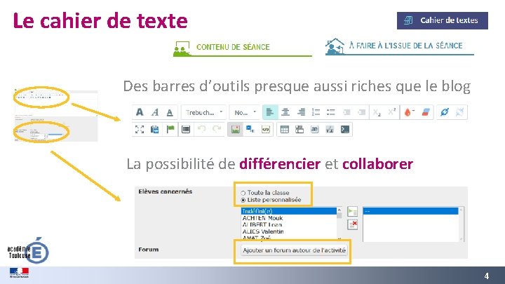 Le cahier de texte Des barres d’outils presque aussi riches que le blog La