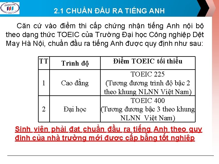 2. 1 CHUẨN ĐẦU RA TIẾNG ANH Căn cứ vào điểm thi cấp chứng