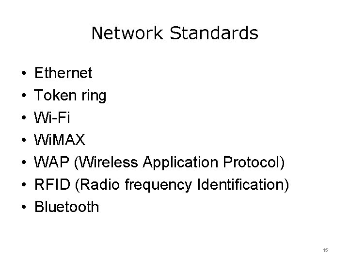 Network Standards • • Ethernet Token ring Wi-Fi Wi. MAX WAP (Wireless Application Protocol)