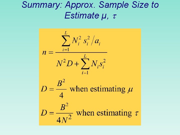 Summary: Approx. Sample Size to Estimate µ, 