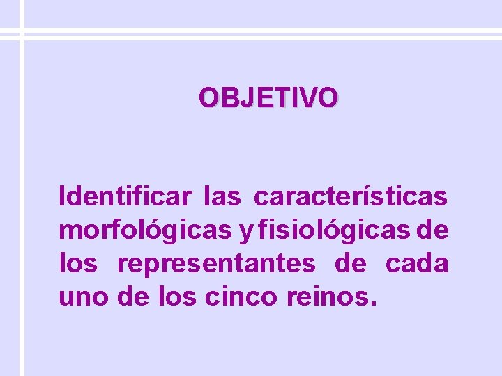 OBJETIVO Identificar las características morfológicas y fisiológicas de los representantes de cada uno de