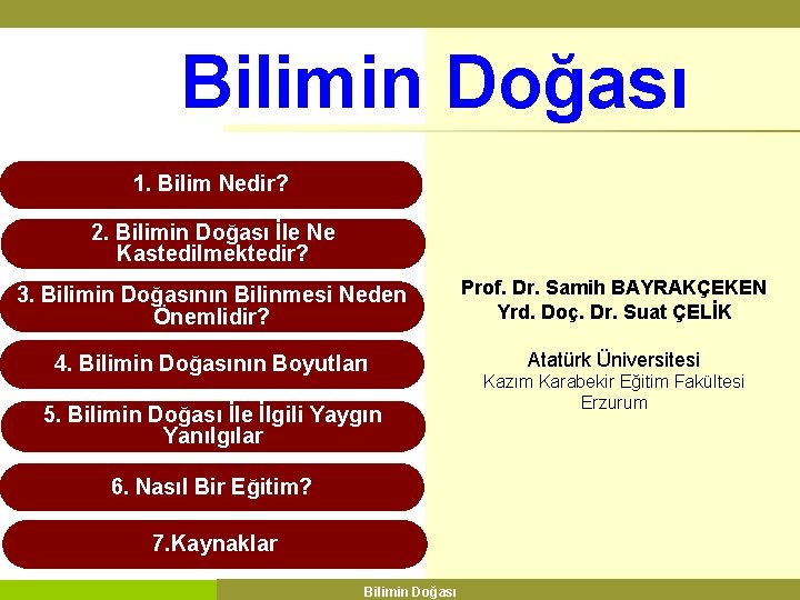 Bilimin Doğası 1. Bilim Nedir? 2. Bilimin Doğası İle Ne Kastedilmektedir? 3. Bilimin Doğasının