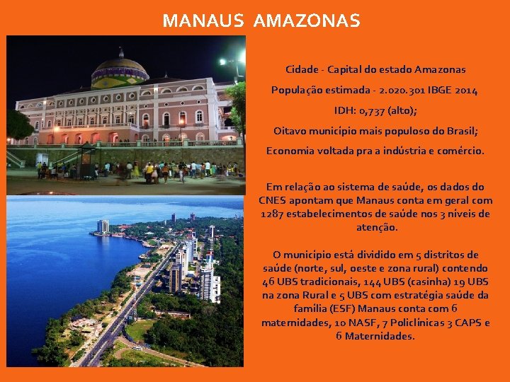 MANAUS AMAZONAS Cidade - Capital do estado Amazonas População estimada - 2. 020. 301