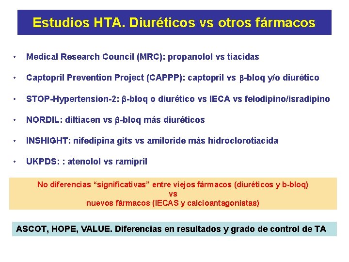 Estudios HTA. Diuréticos vs otros fármacos • Medical Research Council (MRC): propanolol vs tiacidas
