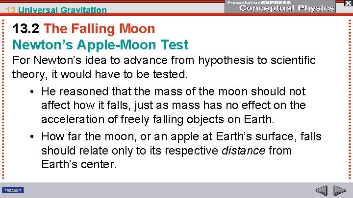 13 Universal Gravitation 13. 2 The Falling Moon Newton’s Apple-Moon Test For Newton’s idea