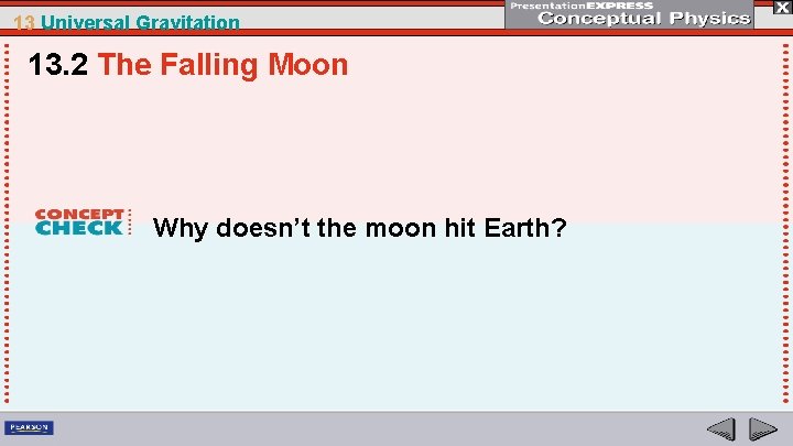 13 Universal Gravitation 13. 2 The Falling Moon Why doesn’t the moon hit Earth?