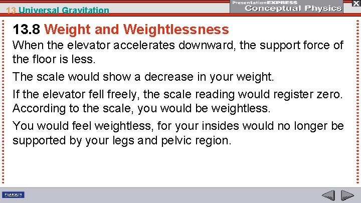 13 Universal Gravitation 13. 8 Weight and Weightlessness When the elevator accelerates downward, the