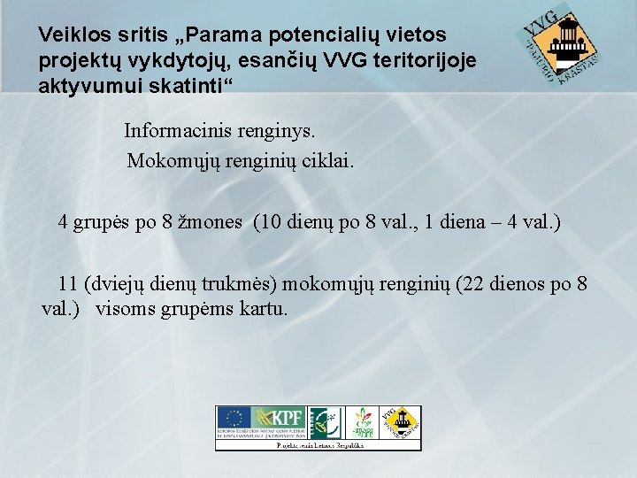 Veiklos sritis „Parama potencialių vietos projektų vykdytojų, esančių VVG teritorijoje aktyvumui skatinti“ Informacinis renginys.