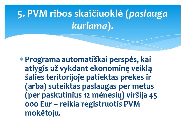 5. PVM ribos skaičiuoklė (paslauga kuriama). Programa automatiškai perspės, kai atlygis už vykdant ekonominę