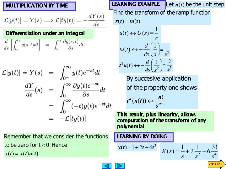 MULTIPLICATION BY TIME LEARNING EXAMPLE Differentiation under an integral This result, plus linearity, allows