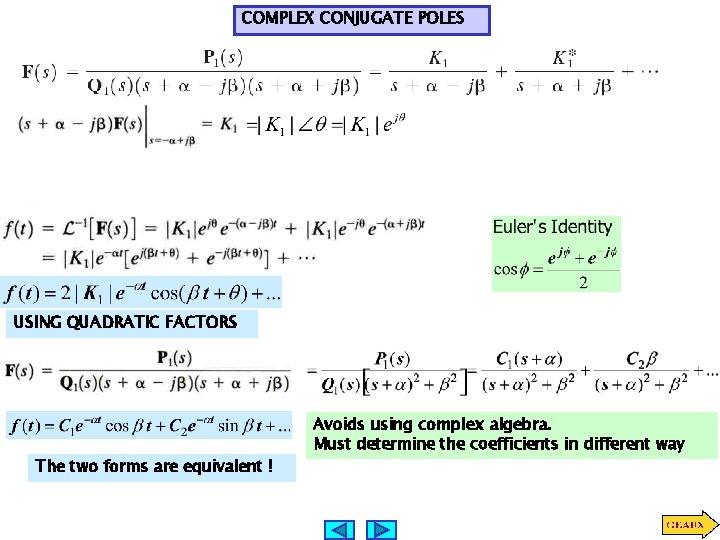 COMPLEX CONJUGATE POLES USING QUADRATIC FACTORS The two forms are equivalent ! Avoids using