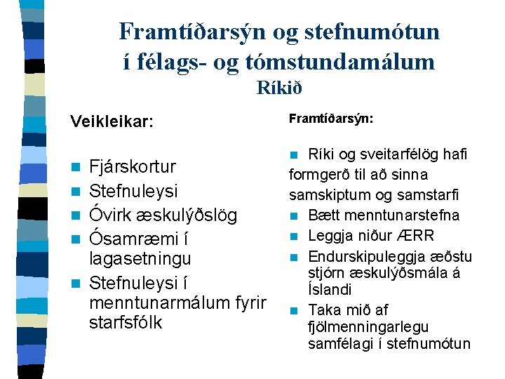 Framtíðarsýn og stefnumótun í félags- og tómstundamálum Ríkið Veikleikar: n n n Fjárskortur Stefnuleysi