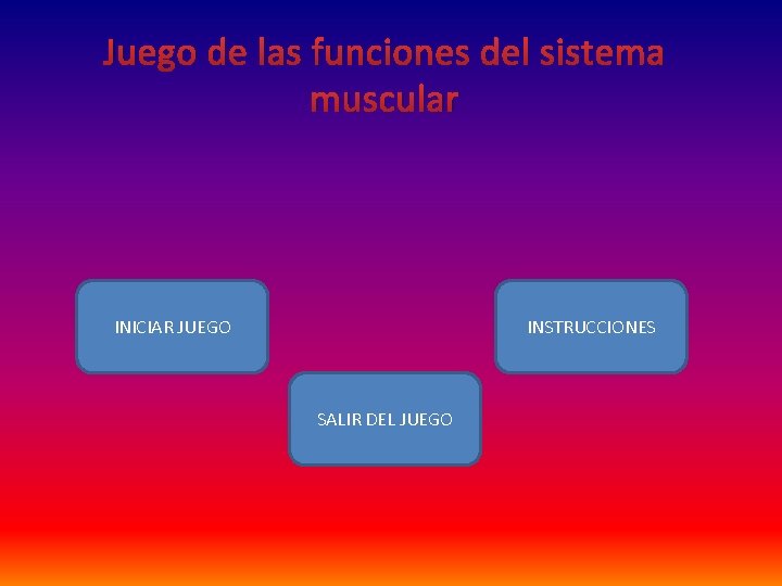 Juego de las funciones del sistema muscular INICIAR JUEGO INSTRUCCIONES SALIR DEL JUEGO 