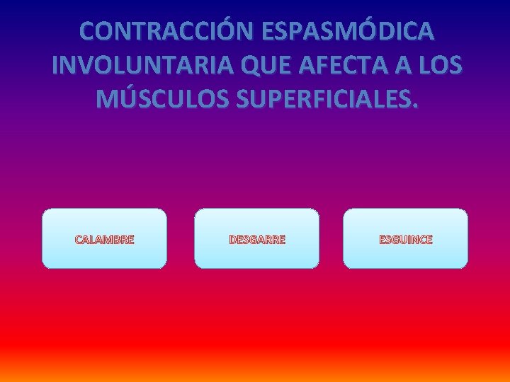 CONTRACCIÓN ESPASMÓDICA INVOLUNTARIA QUE AFECTA A LOS MÚSCULOS SUPERFICIALES. CALAMBRE DESGARRE ESGUINCE 