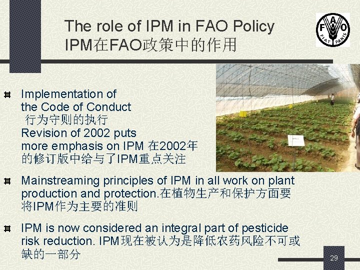 The role of IPM in FAO Policy IPM在FAO政策中的作用 Implementation of the Code of Conduct