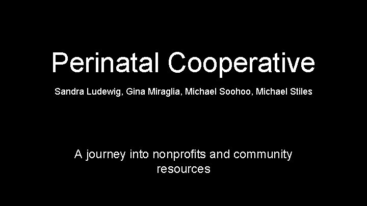Perinatal Cooperative Sandra Ludewig, Gina Miraglia, Michael Soohoo, Michael Stiles A journey into nonprofits