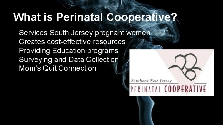 What is Perinatal Cooperative? Services South Jersey pregnant women Creates cost-effective resources Providing Education