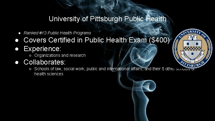 University of Pittsburgh Public Health ● Ranked #13 Public Health Programs ● Covers Certified