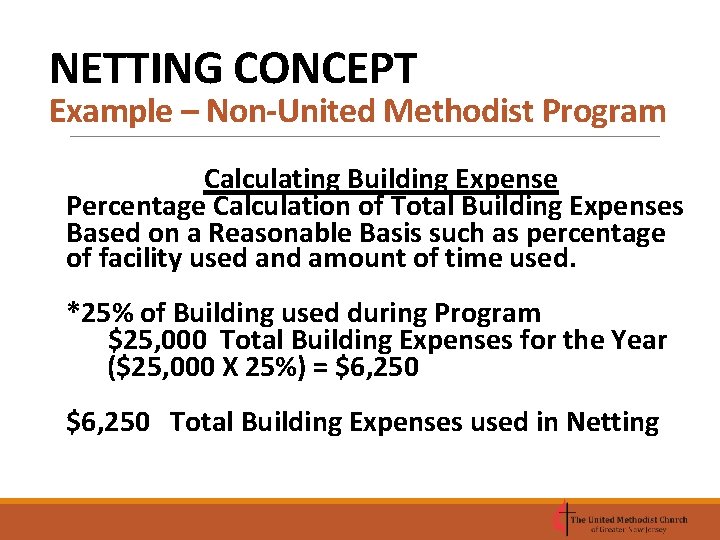 NETTING CONCEPT Example – Non-United Methodist Program Calculating Building Expense Percentage Calculation of Total