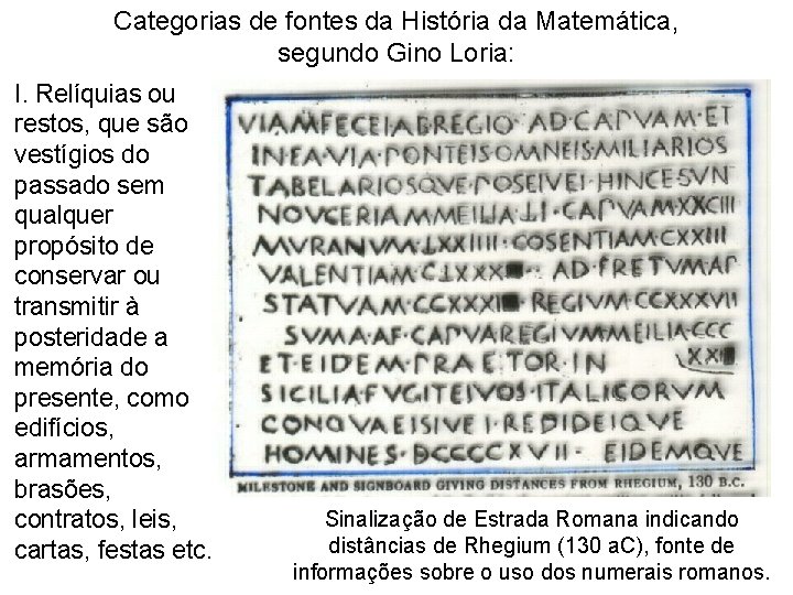 Categorias de fontes da História da Matemática, segundo Gino Loria: I. Relíquias ou restos,
