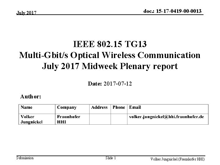 doc. : 15 -17 -0419 -00 -0013 July 2017 IEEE 802. 15 TG 13