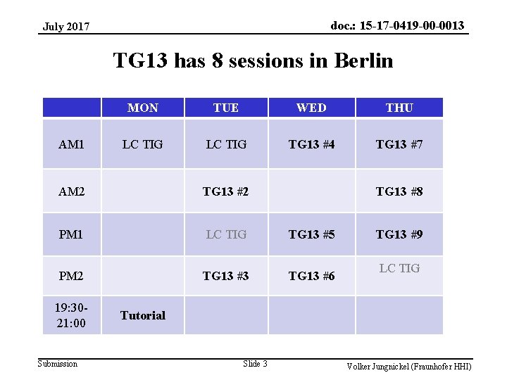 doc. : 15 -17 -0419 -00 -0013 July 2017 TG 13 has 8 sessions
