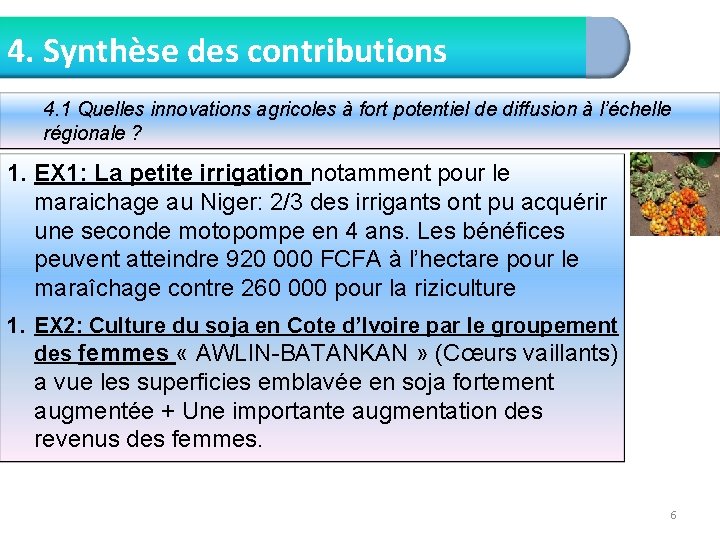 4. Synthèse des contributions 4. 1 Quelles innovations agricoles à fort potentiel de diffusion