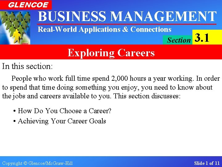 GLENCOE BUSINESS MANAGEMENT Real-World Applications & Connections Section 3. 1 Exploring Careers In this